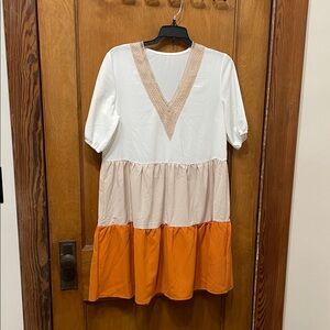 SHEIN White and Orange Colorblock Dress